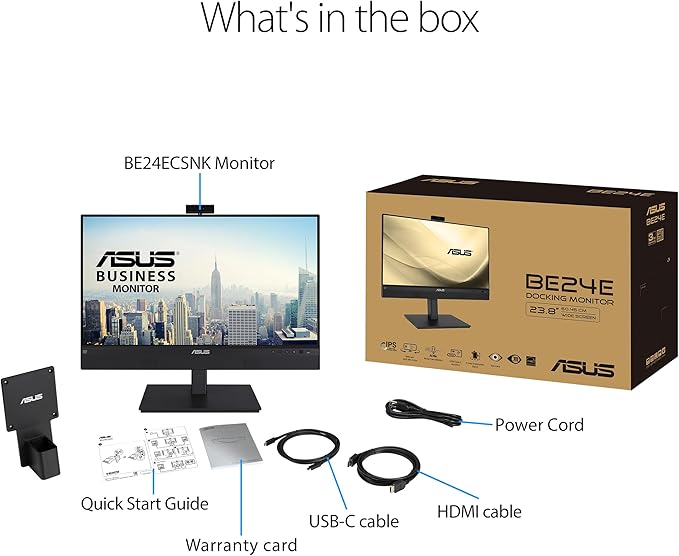 ASUS 24” 1080P Video Conferencing Monitor (BE24ECSNK) - Full HD IPS Built-in Adjustable 2MP Webcam AI Noise-canceling Mic Eye Care USB-C Docking RJ45 Height Adjustable HDMI Zoom Certified