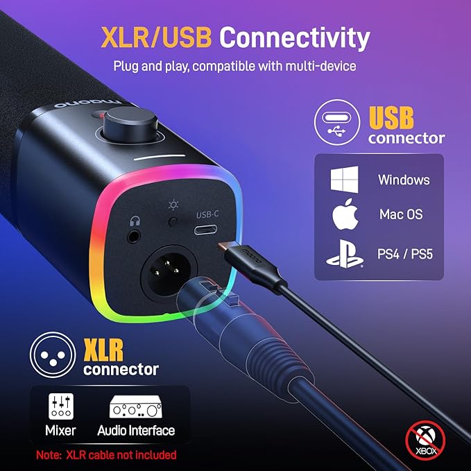 MAONO USB/XLR Podcasting Microphone for PC Gaming Streaming Dynamic Mic with Mute Button RGB Desktop StandComputer Mic for Video Studio Recording-PD100XBlack