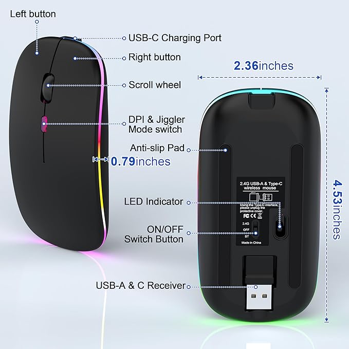 LED Wireless Mouse for Laptop/MacBook/iPad - Built-in Mouse Jiggler &amp 4-Mode (Bluetooth 5.2/3.0 &amp 2.4GHz USB-A/C) Rechargeable Silent Mouse Multi-Device Compatible with macOS/iOS/Windows/Andro