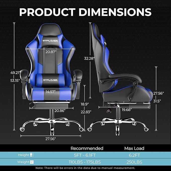 GTPLAYER Gaming Chair Computer Chair with Footrest and Lumbar Support Height Adjustable Game Chair with 360°-Swivel Seat and Headrest and for Office or Gaming (Faux Leather Blue)