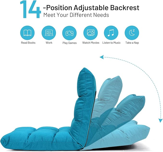 GORELAX Floor Chair with Back Support 14-Poistion Adjustable Folding Gaming Chair Recliner Meditation Chair with Steel Frame Padded Lazy Sofa Chair for Adults Kids (Turquoise)