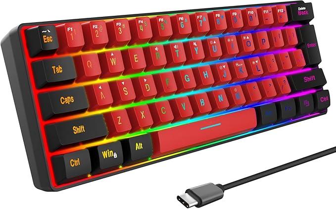 Snpurdiri 60% Wired Gaming KeyboardTrue RGB Small Compact 61 Keys Mini Keyboard for PC/Mac Gamer Typist Travel Easy to Carry on Business Trip(Black-Red)