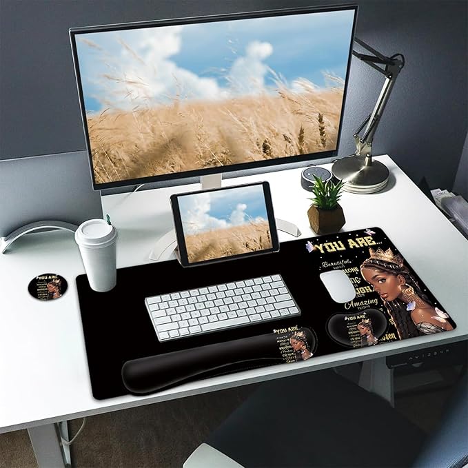 Large Mouse pad and Keyboard Support Set Ergonomic Memory Foam Keyboard Wrist Rest Extended Gaming Mouse Pad African Americans Women Black Queen XXL Desk Mat (31.5 X 11.8 in) for Home Office