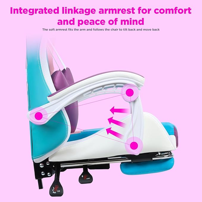 Gaming Chair with LED Lights Adjustable Gaming Chairs for Adults Ergonomic Massage Computer Chair with Load 300LBS 360° Swivel Seat Retractable Footrest Video Gamer Chairs Pink Purple