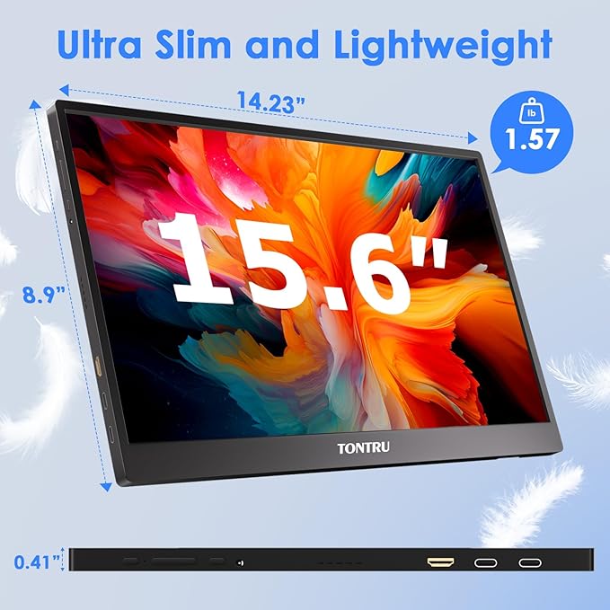Portable Monitor 15.6 FHD 1080P IPS Screen with Low Blue Light Dual Speakers &amp 3.5mm Audio Jack Adjustable Stand USB-C/HDMI Compatibility for Laptop PC Phone Gaming Console