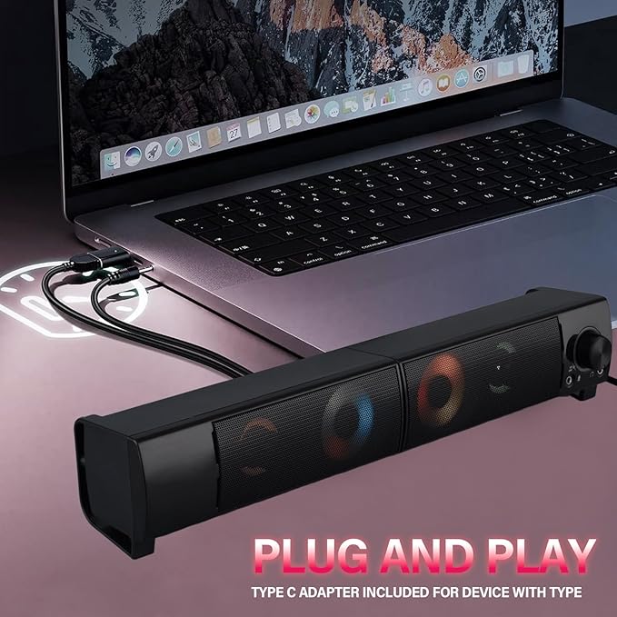 2-in-1 Wired Computer Speakers Designed for Desktop Devices USB Plug-and-Play RGB Lighting Wired Desktop Speakers