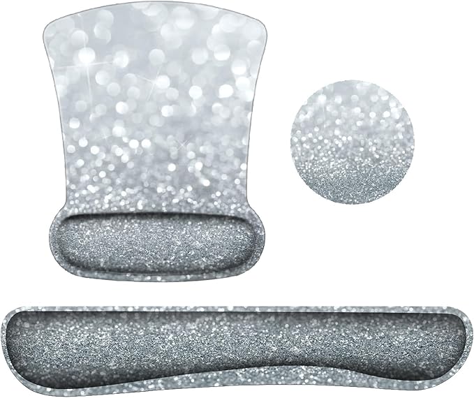 Mouse Pad Wrist Support and Memory Foam Keyboard Wrist Rest Set Ergonomic Gel Mouse Pad for Computer Laptop Desk Pad with Non Slip PU Base Silver Gilt Glitter Pattern Gaming