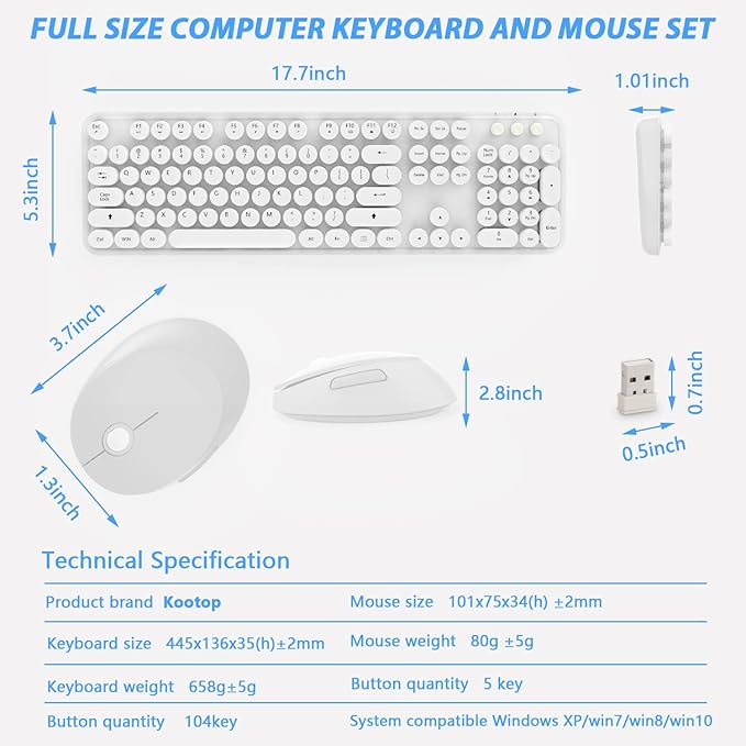 Wireless Keyboard Mouse Combo 104 Keys Cute White Keyboard with Number Pad &amp Mouse for Windows Computer PC Notebook Laptop (White)