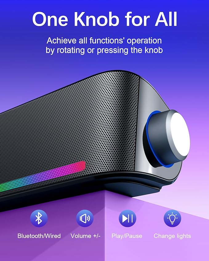 Computer Speakers Hi-Fi Sound Quality Computer Sound Bar Bluetooth 5.0 &amp 3.5mm Wired PC Speakers with 4 Dynamic Lighting Modes USB Powered Speakers for PC Desktop Laptops Phones Monitors X