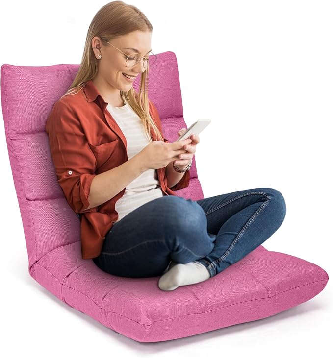 MAT EXPERT 14-Position Floor Chair Floor Gaming Chair w/Resilience Sponge Alloy Steel Frame Padded Bed Couch Recliner Floor Chair with Back Support for Reading Meditating (Pink)