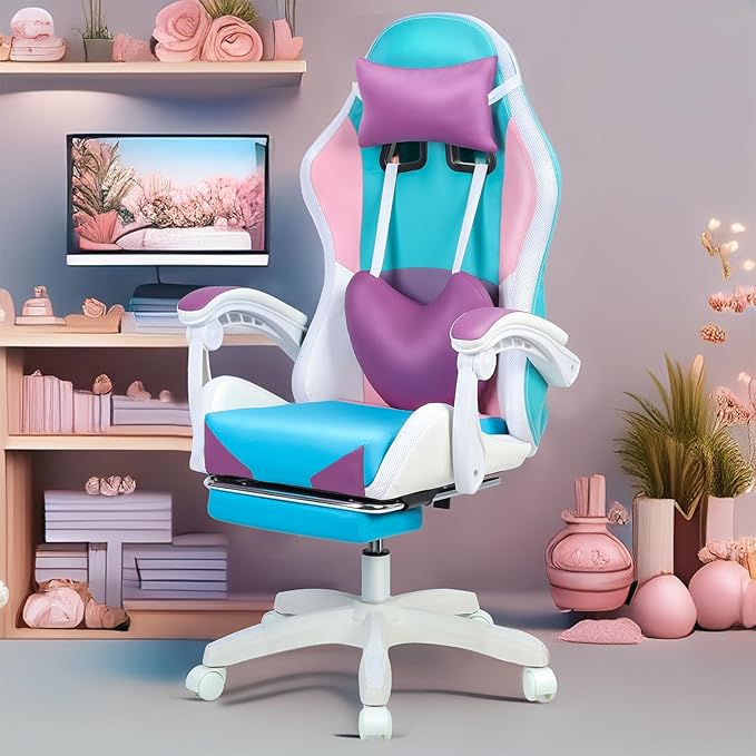 Pink Gaming Chair with Lights Ergonomic Massage Computer Chair Height Adjustable Girls Video Game Chair with 360° Swivel Seat ＆ Headrest Supports 300lbs for Home Office (Purple)
