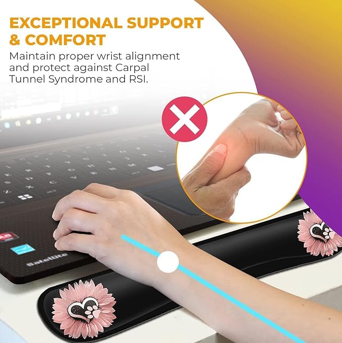 Mouse Pad with Wrist Support Ergonomic Gel Mouse Pad Memory Foam Keyboard Wrist Restfor Office Typing Games Desktop Decoration Sunflower and Dog Paw Print Pet and Pink Flowers