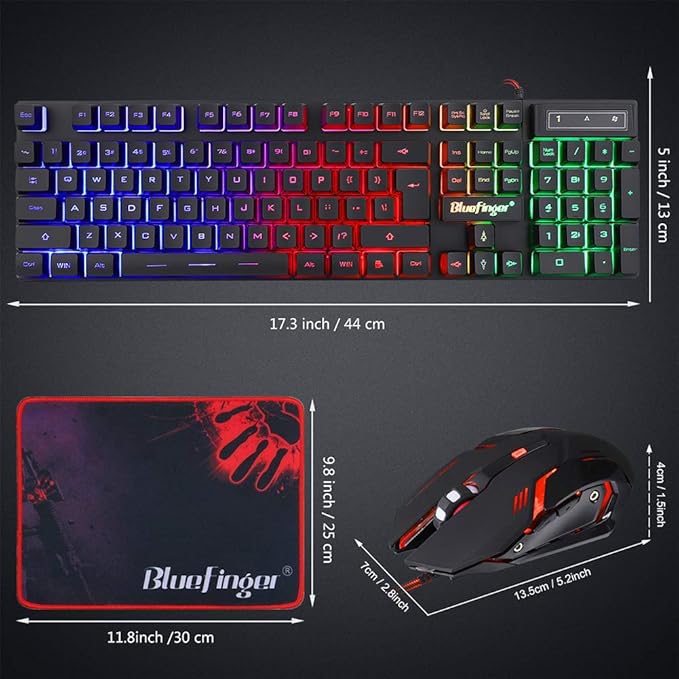BlueFinger RGB Gaming Keyboard and Backlit Mouse Combo USB Wired LED Gaming Set for Laptop PC Computer Game and Work