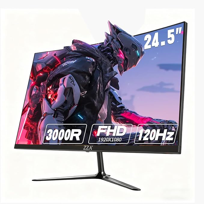 ZZA 24.5 Inch FHD (1920x1080) 120Hz Curved Gaming Monitor 3000R Curvature VA Panel 1ms MPRT AMD FreeSync Ultra-Thin Bezel Eye Care for EsportsPC