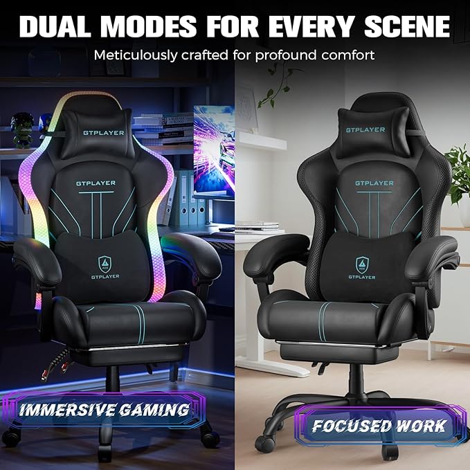 GTPLAYER Gaming Chair Computer Chair with RGB LED Lights High Back Ergonomic Chair for Adults with Footrest Reclining Office Chairs Linkage Armrest Blue