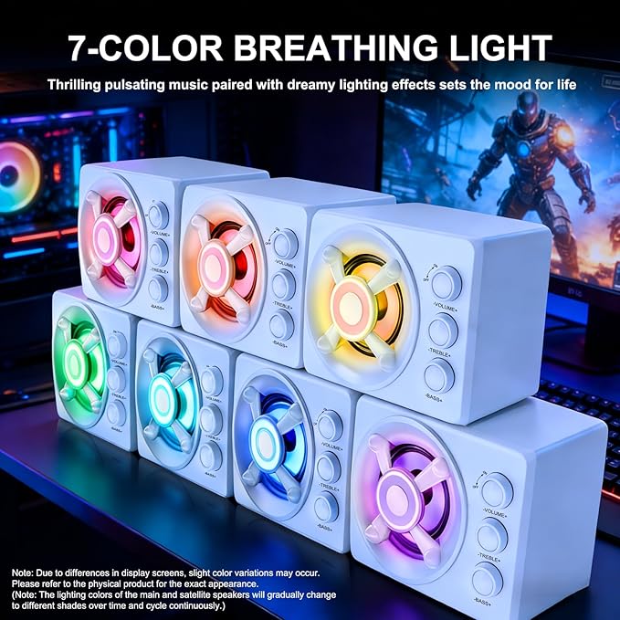D-208 Computer Speakers with Subwoofer 2.1 Hi-Fi PC Speakers System with RGB Lighting  Enhanced Bass Plug and Play USB/USB-C Powered and 3.5mm Aux in for Desktop Monitor Laptop Tablet (White)