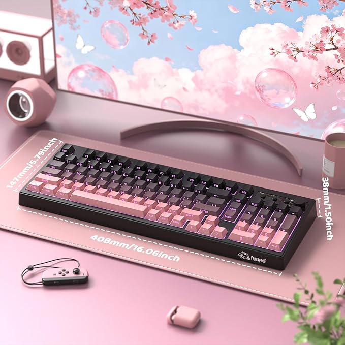ZIYOU LANG K100 Wireless Gaming Keyboard99 Keys Tri-Mode BT/2.4GHz/USB-C Creamy Color Keyboard with Number Pad RGBMedia Knob Custom Programmable Computer Keyboards for PC/Mac/Xbox (Pink)