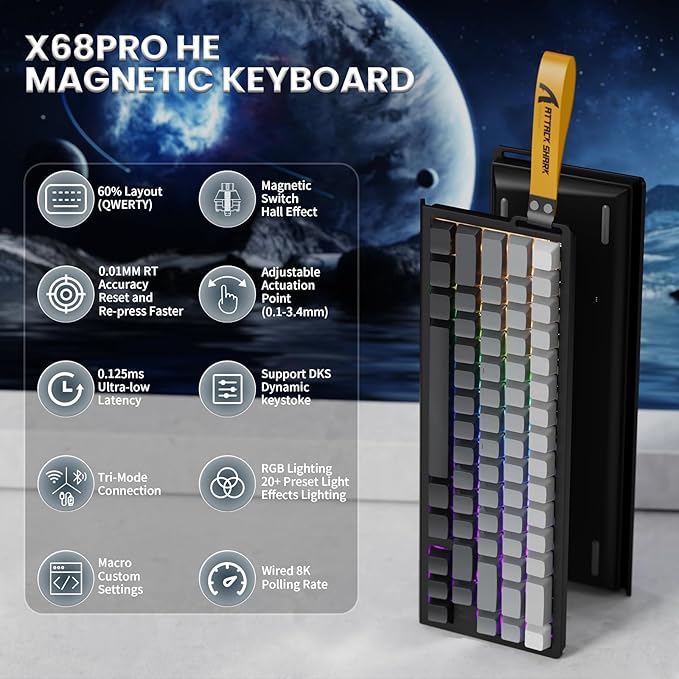 ATTACK SHARK X68PRO HE Rapid Trigger Wireless Keyboard 0.01mm RT Accuracy 8000Hz Wired Gaming Keyboard Adjustable Actuation Snap Tap RGB Backlit Magnetic Switch C01 Coiled Cable -Black Gradient