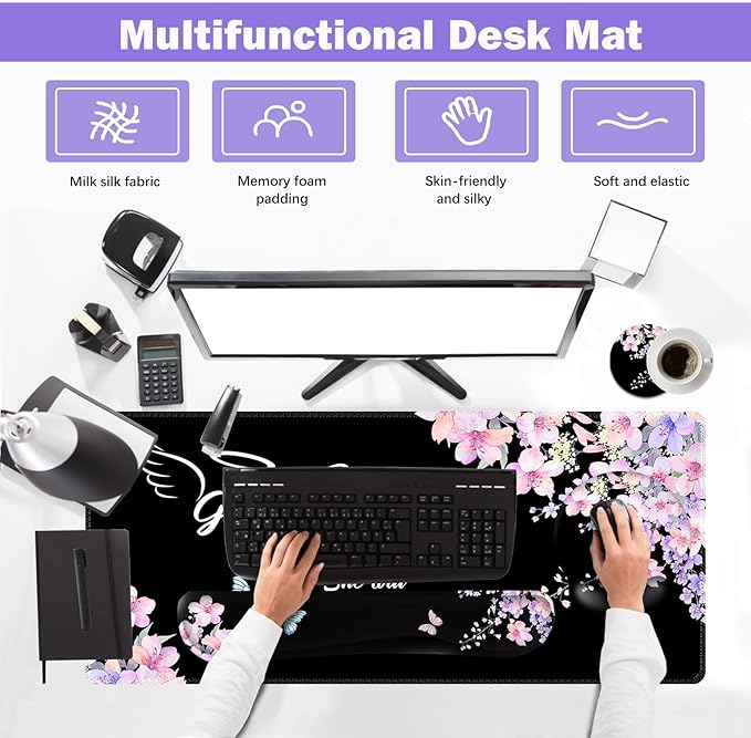 ARTSO Large Mouse Pad Ergonomic Keyboard Wrist Rest Support Combo Psalm 46:5 God is Within Her She Will not Fall -Bible Verse Flower Butterfly Extended Desk Mat Blotter