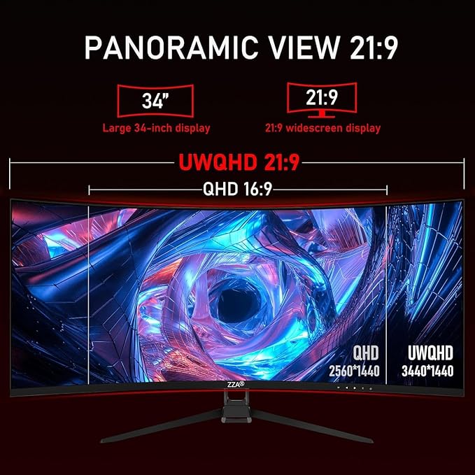 ZZA 34 UltraWide Curved UWQHD Monitor - Immersive Gaming Experience with 165Hz Refresh Rate VA Panel and AMD FreeSync Premium | HDR10 | 99% sRGB | 3440x1440