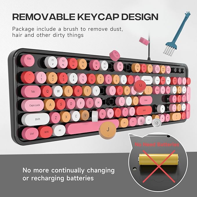Computer Keyboard Wired Plug and Play USB Retro Round Typewriter Keyboard Full Size Wired Keyboard with Foldable Stands for Laptop and Office PC- Black Colorful