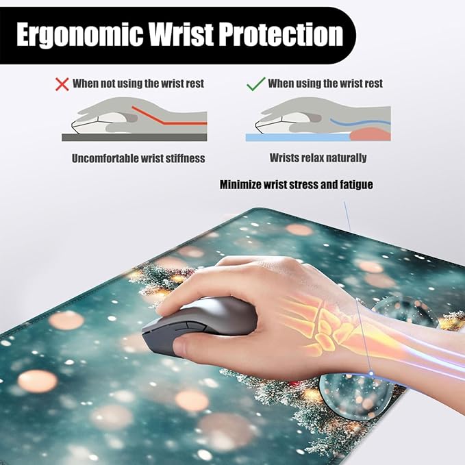 Mouse PadLarge Desk Mat Set 4in1 XL Mousepad + Keyboard Wrist Rest+Mouse Wrist Rest+Coaster with Ergonomic Desk Pad for Home Office Table Computer Cover -Snowy Christmas Tree with Lights