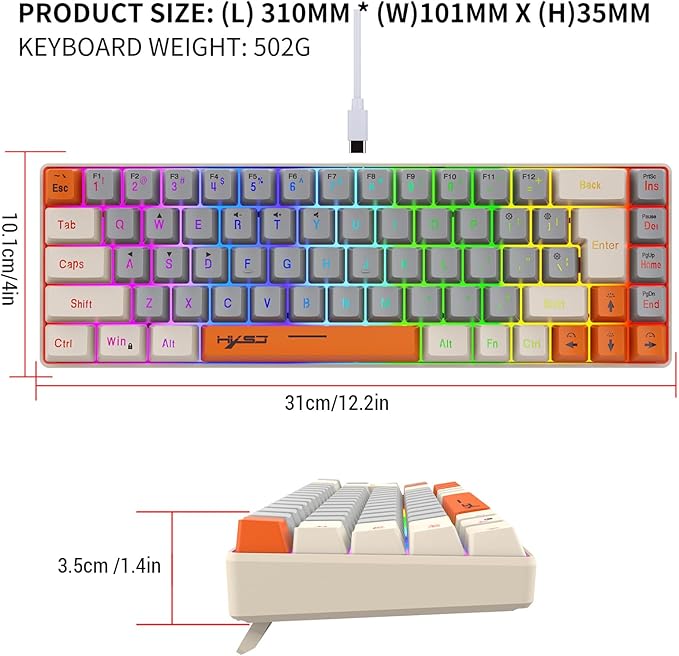 Docooler Wired Keyboard 68-Key RGB Gaming Keyboard 68 Keys Hot-Swap Compact Mechanical Keyboard Detachable Ty[e-C Keyboard for Gaming &amp Office Wired Computer Keyboard Ergonomic - Gray-White Ora