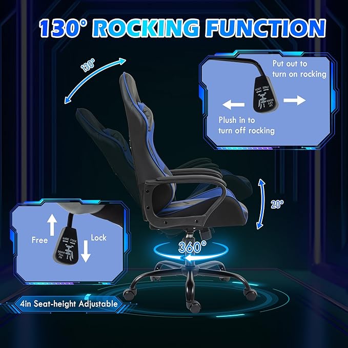 ECOTOUGE Gaming Chair Ergonomic Video Game Chair with Massage Lumbar Support &amp Rocking High Back 360° Swivel Computer Gamer Chair for Gaming or Office Height Adjustable Blue
