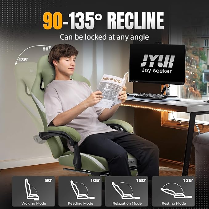 GTPLAYER Gaming Chair with Foot Rest &amp Pocket Spring Cushion Ergonomic High Back Computer Desk Chair with Headrest &amp Lumbar Support for Back Pain Relief Breathable Fabric Green