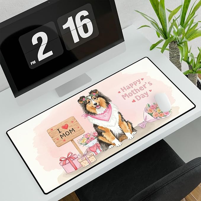 Happy Mother's Day Shetland Sheepdog Love Dog Mom Heart Flower Desk Mat Full Keyboard Mouse Pad Sheltie Dog Lover Gifts Large Mousepad 12004