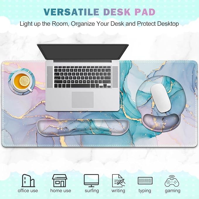 ToLuLu Desk Mat XXL Large Mouse Pad Wrist Support Set4 in1 Gaming Mousepad Desk Pad+ Ergonomic Mouse Pad with Wrist Rest + Keyboard Wrist Rest+Coaster for Home Office Computer Blue Glitter Marble