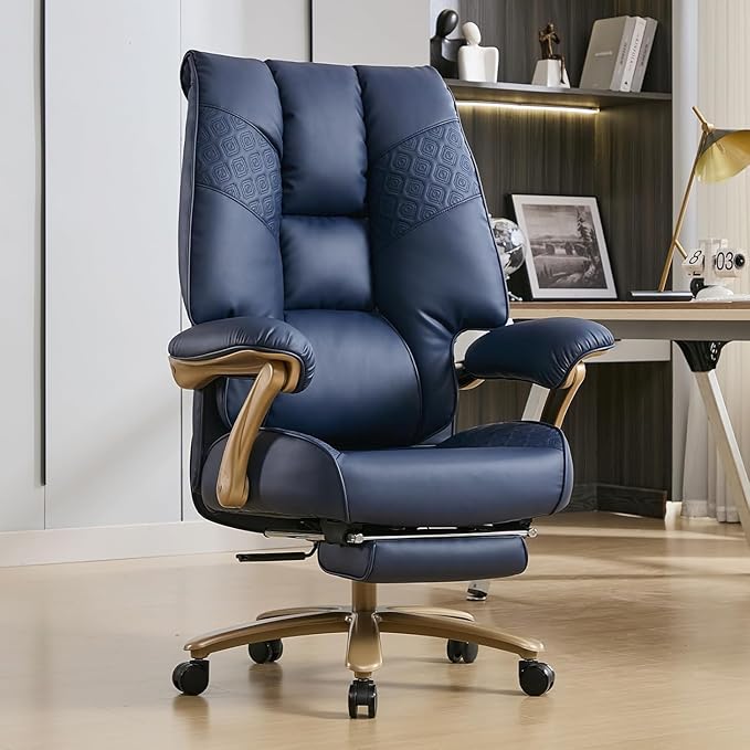 Big and Tall Executive Office Chair with Footrest 400LBS Capacity Ergonomic High-Back Desk Office Chair with Lumbar Support Padded Armrests &amp Thick Cushion Blue PU Leather Chairs