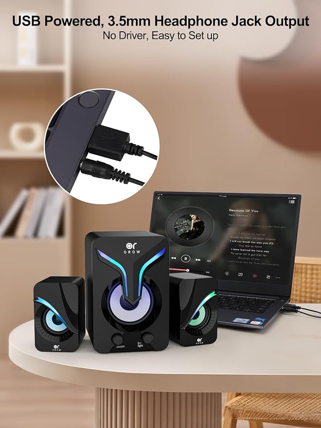 OR O R O W OROW Computer SpeakersMini PC Speakers with Subwoofer2.1 Desktop Speaker with RGB LightsUSB Powered Stereo SoundGaming Speakerwith 3.5mm Aux Cable for Monitor/Laptop/Tablet(S212)
