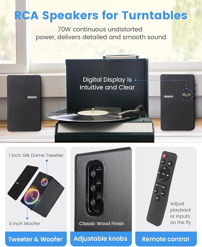 Powered Bookshelf Speakers Vinyl Record Player Speakers with 4 Inch Woofer Active Turntable Speakers Wired Optical/ARC/RCA/AUX/BT Input HiFi Stereo Speakers for TV PC CD Player