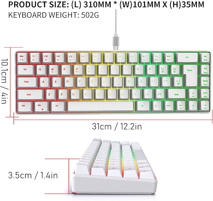 Mechanical Gaming Keyboard V200 68 Keys LED Backlit USB Wired Keyboard Type C USB Gaming Keyboard for IBM PC Win98SE (White)