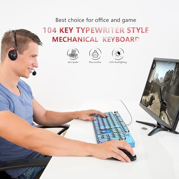 Typewriter Style Mechanical Gaming Keyboard Blue Retro Punk Gaming Keyboard with 9 True RGB Backlight Modes 104 Keys Blue Switch Wired Cute Keyboard Round Keycaps for Windows/Mac/PC