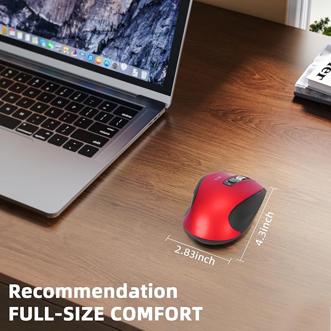 Wireless Bluetooth Mouse with USB A USB C Receiver Rechargeable Multi Device Mouse Silent Ergonomic Full Size Portable for iPad/MacBook/PC/Computer/Laptop-Red