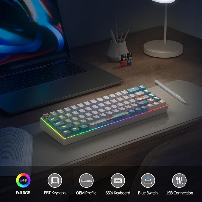 65 Percent Mechanical Gaming Keyboard 65% Portable Keyboard 68 Keys Compact Wired Keyboard RGB Backlit for PC Laptop Gamer(68 Sea/Blue Switch)