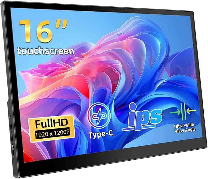Portable Touchscreen Monitor 16 Inch 1920X1200P IPS Touch Screen Monitor with USB C HDMI Port 350cd/m² External Monitors for Laptop PC Phones Computer PS4/5
