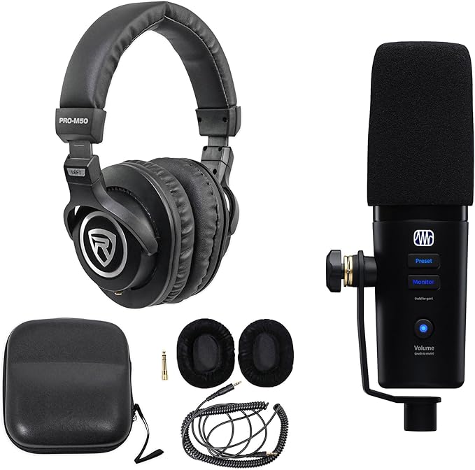 Audiosavings Bundle: Presonus Revelator Dynamic USB-C Microphone for Recording/Streaming/Podcasting Bundle with Rockville PRO-M50 Studio Headphones w/Detachable Coil Cable Case+Ear Pad (2 Items)