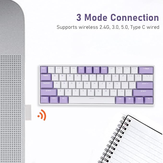 60% Mechanical Gaming Keyboard 2.4G / Bluetooth/USB C Wired Keyboard with Red Switch 61 Keys Anti Ghosting &amp Hot Swappable Dynamic RGB Backlight Gaming Keyboard for PC