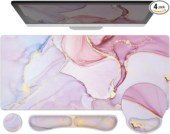 Ovenbird Mouse Pad Set 4-in-1 | Large Gaming Mousepad Keyboard Wrist Rest Mouse Wrist Support Coaster | Ergonomic Office Desk Mat Accessories for Women Men | 4PCS 35.4 x 15.7in Pink Marble