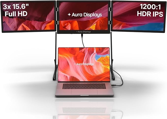 Triple Aero 15.6” Pro Max | Premium Triple Portable Monitor Extender | Full Aluminum | Quad Screens | 3×15.6” FHD 1080P HDR IPS | USB-C &amp HDMI | Compatible with 11-18” Laptops