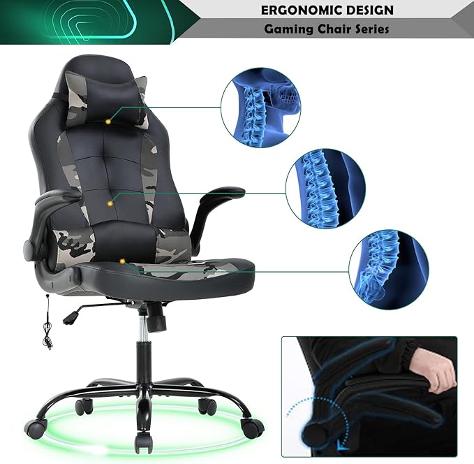 Gaming Chair Ergonomic Video Game Chair Computer High Back Office Desk Chair with Lumbar Support Adjustable Swivel Reclining Rolling PU Leather Game Chairs (Camo2)