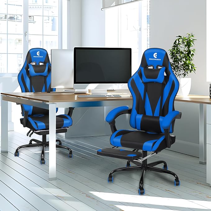 Gaming Chair with Linkage Armrest &amp Footrest High Back Video Gaming Chair Black/Blue