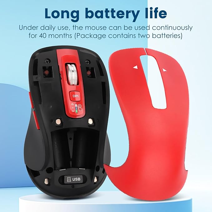 Wireless Bluetooth Mouse (USB + BT1 + BT2) Full Size 4-Way Scrolling Multi-Device Silent Mouse for Computer Laptop iPad MacBook (Red)