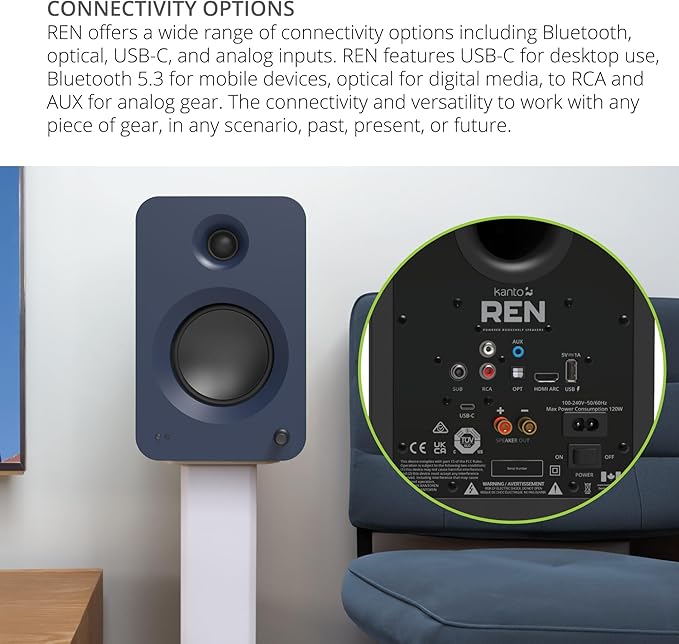 Kanto REN MB Bluetooth Powered Bookshelf Speakers - Matte Black Pair with 1 Year Amber Protection Extension Plan (2024)