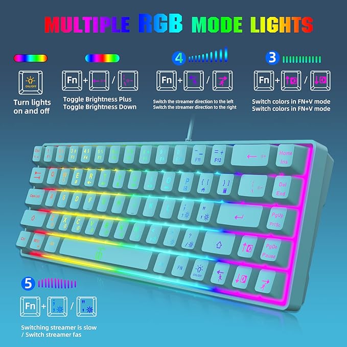 Snpurdiri 60% Membrane Gaming KeyboardRGB Compact Wired Small Keyboard Strong Mechanical Feel for PC/Mac Gamer Typist Travel Easy to Carry on Business Trip(68 KeysBlue)