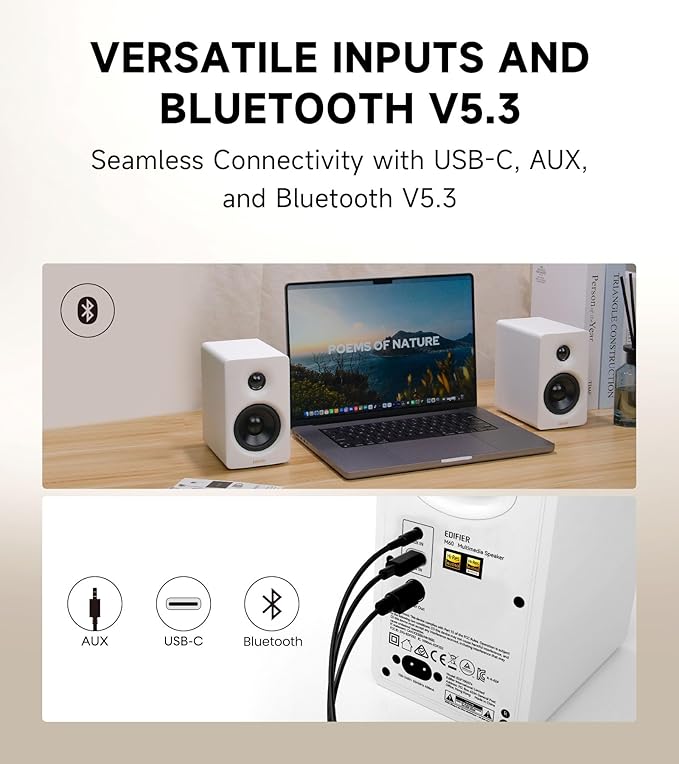 Edifier M60 Multimedia Speaker Bluetooth 5.3 66W RMS Hi-Res Audio &amp Hi-Res Wireless Audio LDAC3 Mid Bass &amp 1 Tweeter USB-C &amp Aux Inputs Compact Desktop Speaker - White (Renewed)