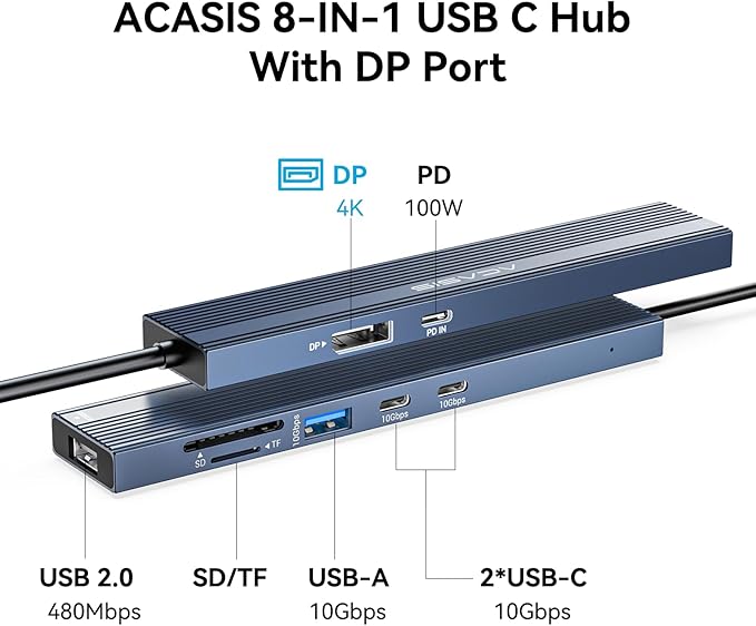 ACASIS USB C Hub with DP Port 10Gbps Multiport Adapter with 4K Display Port3*USB3.2 Gen2+USB2.0 480M/bps Data Port 100W Power Delivery SD/TF3.0 USB C to Displayport for Video Editors and More